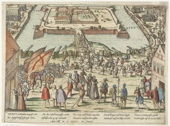 Rückzug der Spanier aus der Zitadelle von Gent nach einer Belagerung durch die Staaten-Armee am 9. November 1576, vorne Mondragon und seine Frau